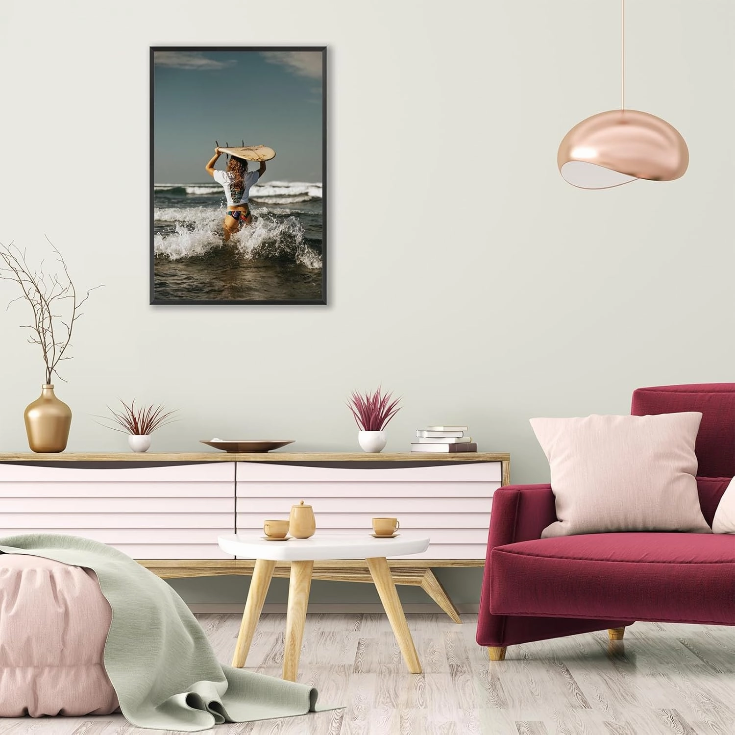 Summer Bali Beach Girl Wall Art Coastal Girly Surfboard Canvas Posters Sexy Woman Surfing Photography Pictures Prints Painting For Bathroom Living Room Wall Decor 24x36in Framed
