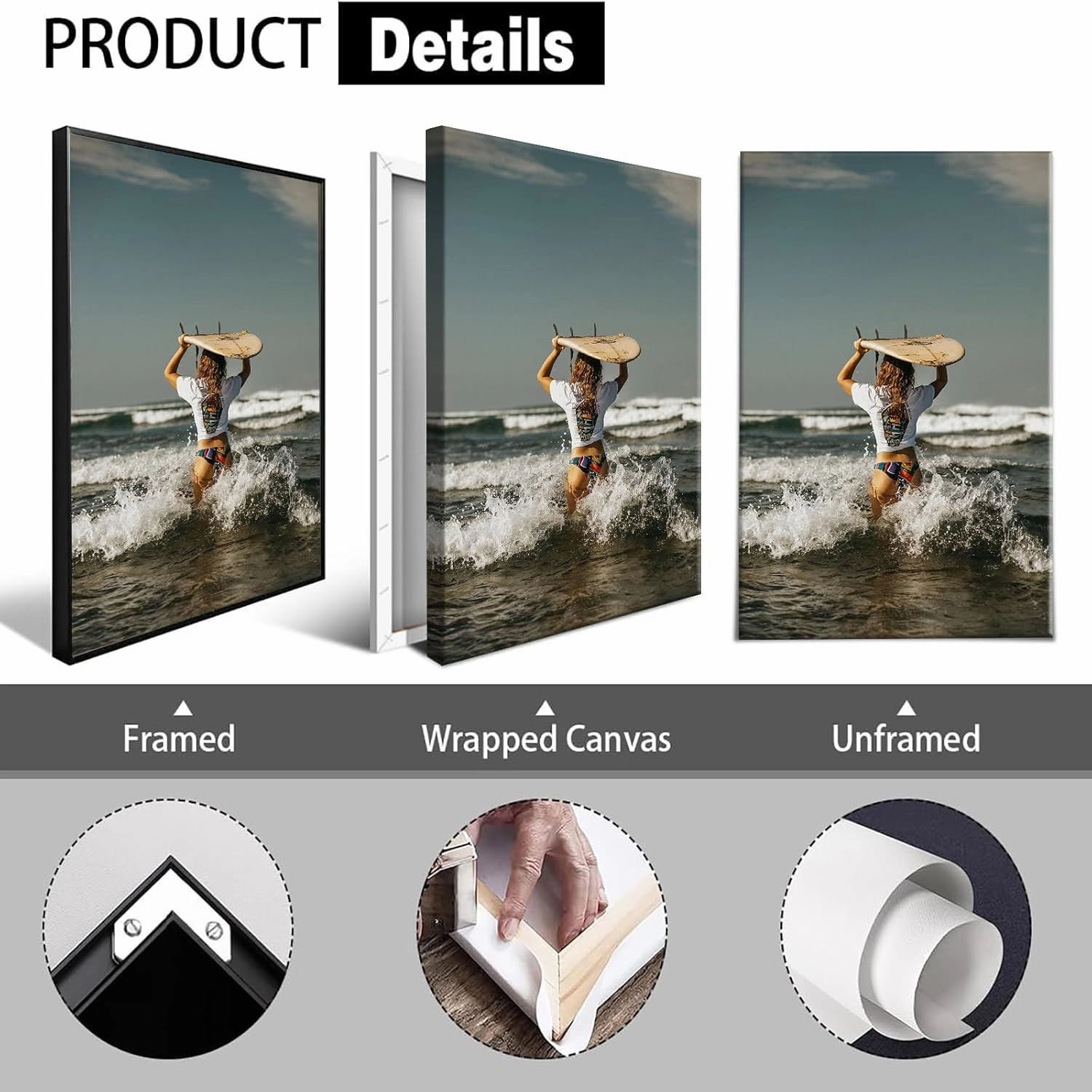 Summer Bali Beach Girl Wall Art Coastal Girly Surfboard Canvas Posters Sexy Woman Surfing Photography Pictures Prints Painting For Bathroom Living Room Wall Decor 24x36in Framed