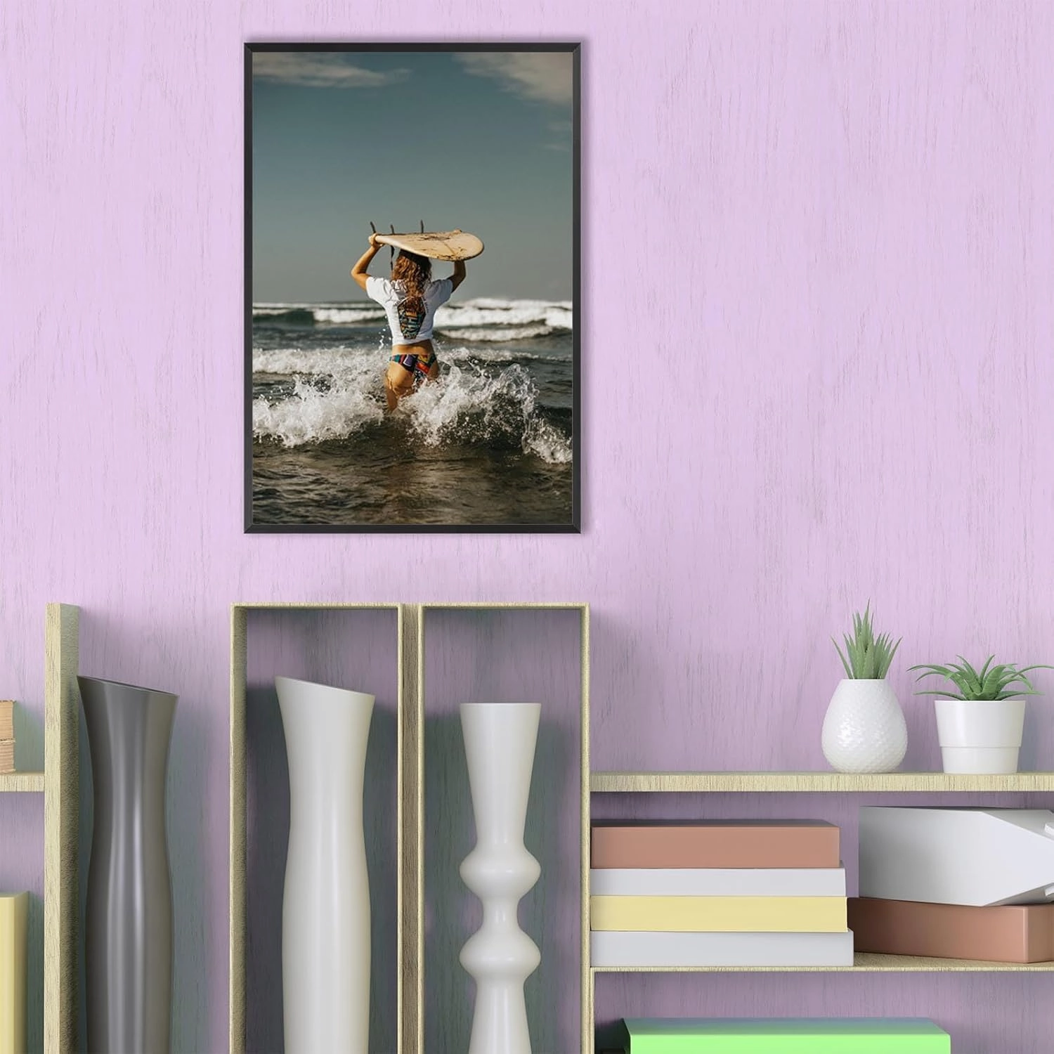 Summer Bali Beach Girl Wall Art Coastal Girly Surfboard Canvas Posters Sexy Woman Surfing Photography Pictures Prints Painting For Bathroom Living Room Wall Decor 24x36in Framed