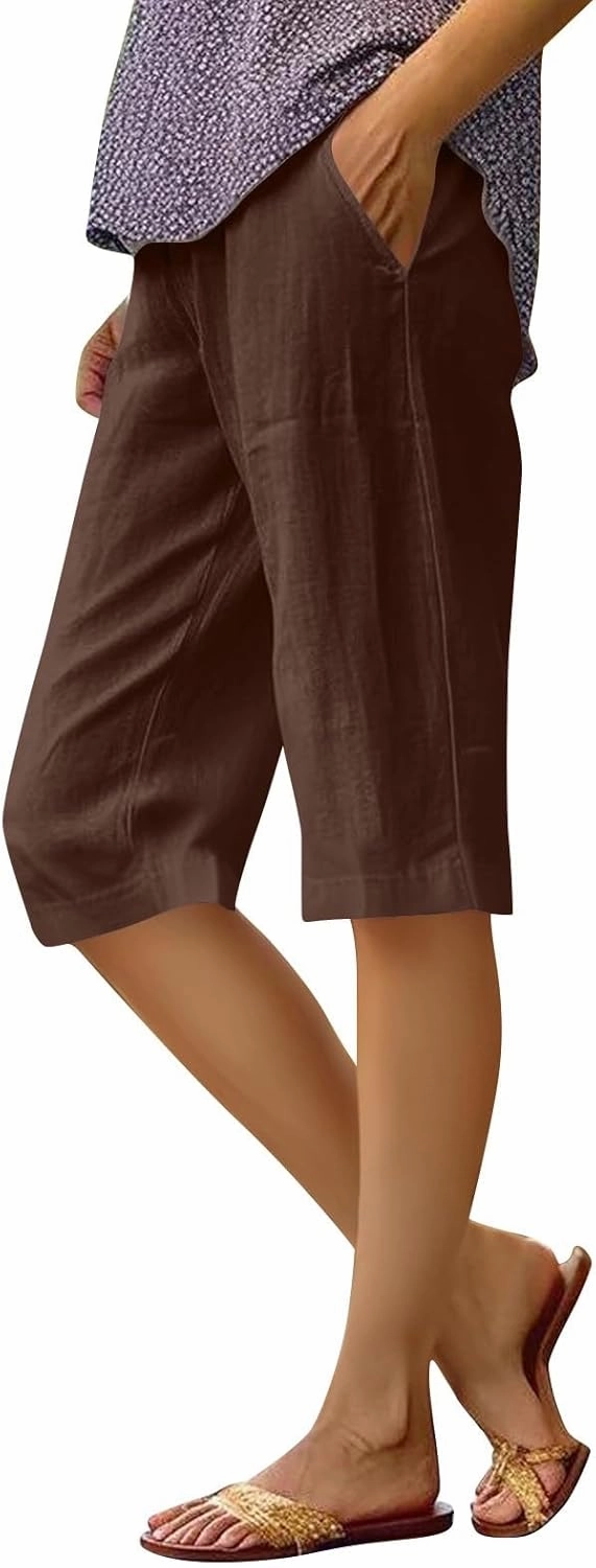 Summer Bermuda Shorts for Women Knee Length 2024 Trendy Linen Shorts Lightweight Casual Beach Short Pants w/Pockets