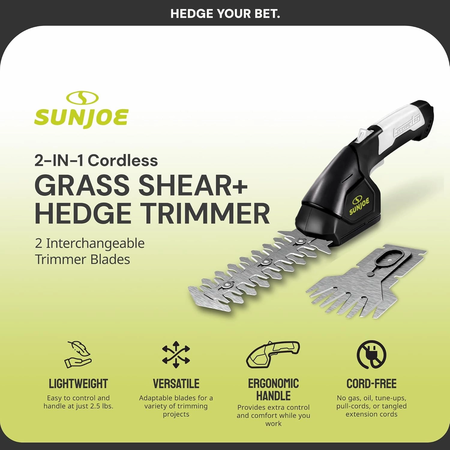 Sun Joe HJ604C 7.2-Volt Cordless Grass Shears and Trimmer, Charger and Battery Included