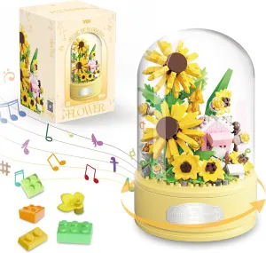 Sunflower Bouquet Building Kit, 577 Pcs Mini Bricks Building Blocks Sets with Music Box & Dust Cover, DIY Crafts Home Decor Artificial Flower Toys, Birthday Christmas Gifts for Girls Women Mom Wife