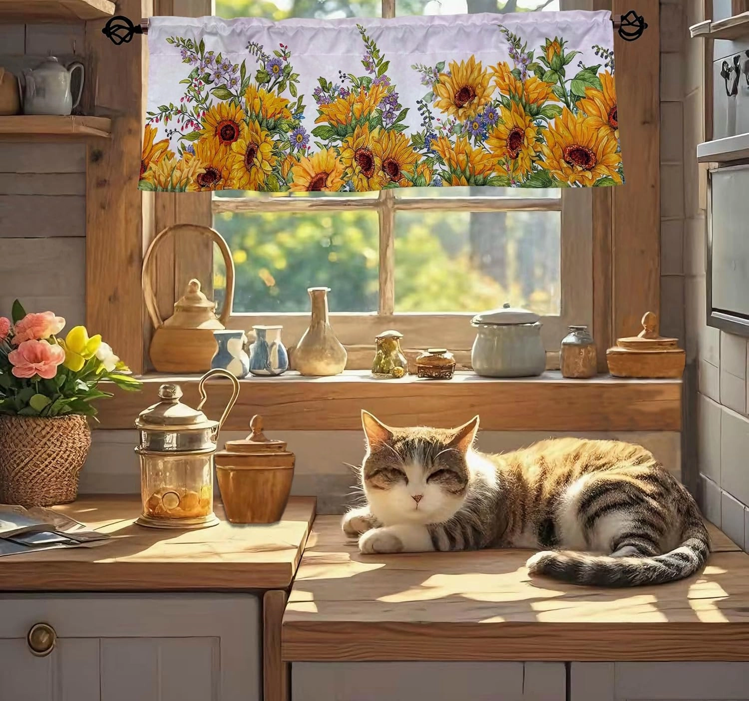 Sunflowers Floral Design Valance Curtains for Kitchen/Bathroom/Living Room/Bedroom Window Décor Privacy Decorative Rod Pocket 52 X 16 Inches