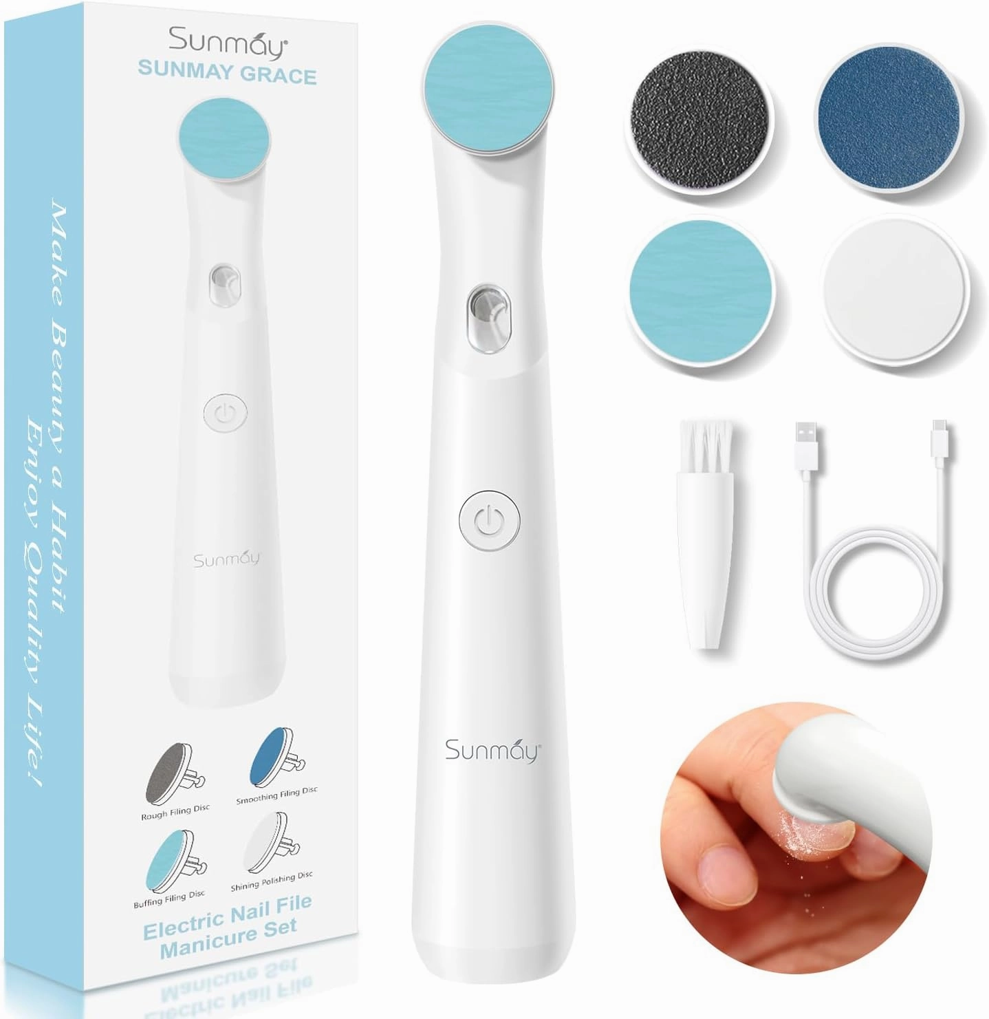 SUNMAY Electric Nail File Set, Rechargeable Nail Files and Buffers for Women Natural Gel Nails Toenails Salon with 4 Filing Discs, Professional Cordless Nail File Machine for Home Nail Pedicure