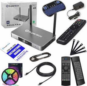Super-Box S-6 Ultra Smart Device Bundle with Wireless Keyboard, Remotes, LED Light Strip, and Accessories