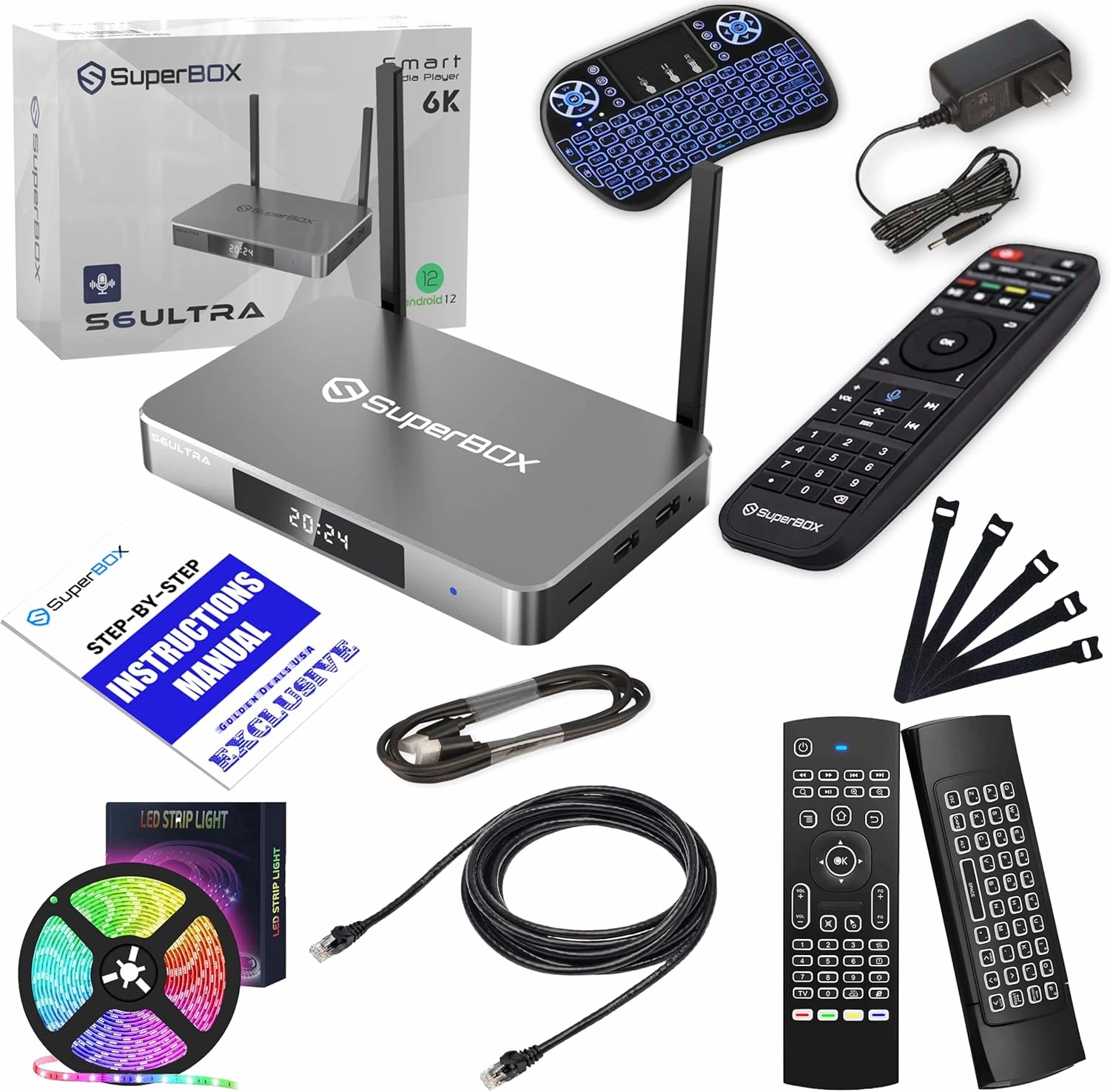 Super-Box S-6 Ultra Smart Device Bundle with Wireless Keyboard, Remotes, LED Light Strip, and Accessories
