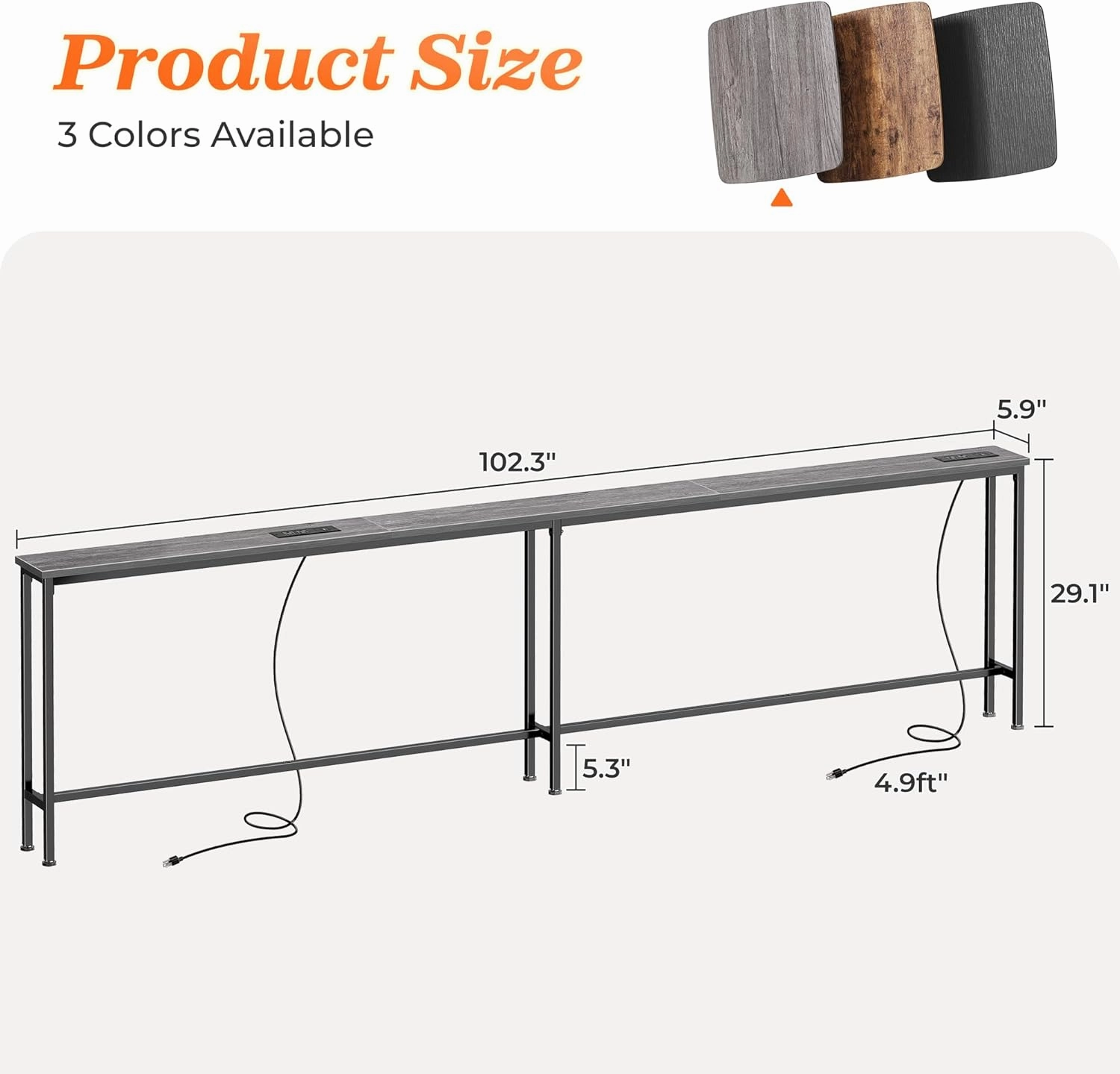 SUPERJARE 102 Inch Sofa Table with 2 Power Outlets and USB-C Ports, 5.9 Inch Narrow Console Table with Storage, Extra-Long, for Entryway Hallway Couch Behind Sofa, Small Spaces, Living Room, Grey