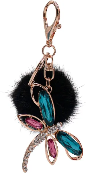 surell Genuine Mink Fur Dragonfly Keychain - Cute Bling Pompom Purse Accessory - Fluffy Ball Bug Key Chain - Stylish Gift