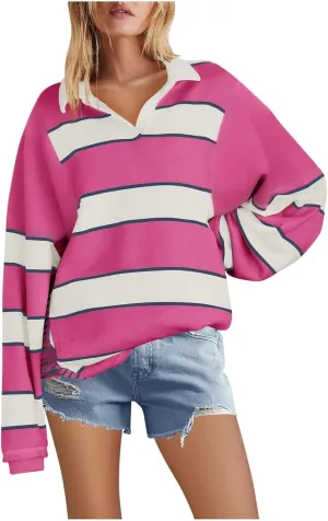 Sweatshirt For Womens Fashion Long Sleeve Striped Hoodies Collar Oversized Pullover Tops Fall outfits