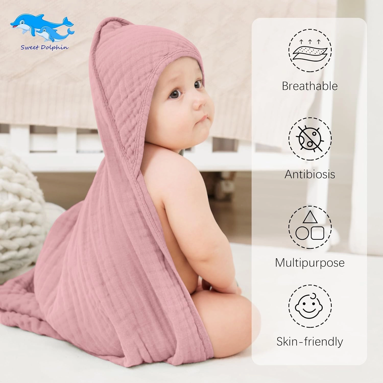 SWEET DOLPHIN Muslin Hooded Baby Bath Towels - 2 Pack 100% Cotton Towel for Babies, Infants, Toddlers - 32x32Inch - Highly Absorbent and Newborn Essential, Light Sakura