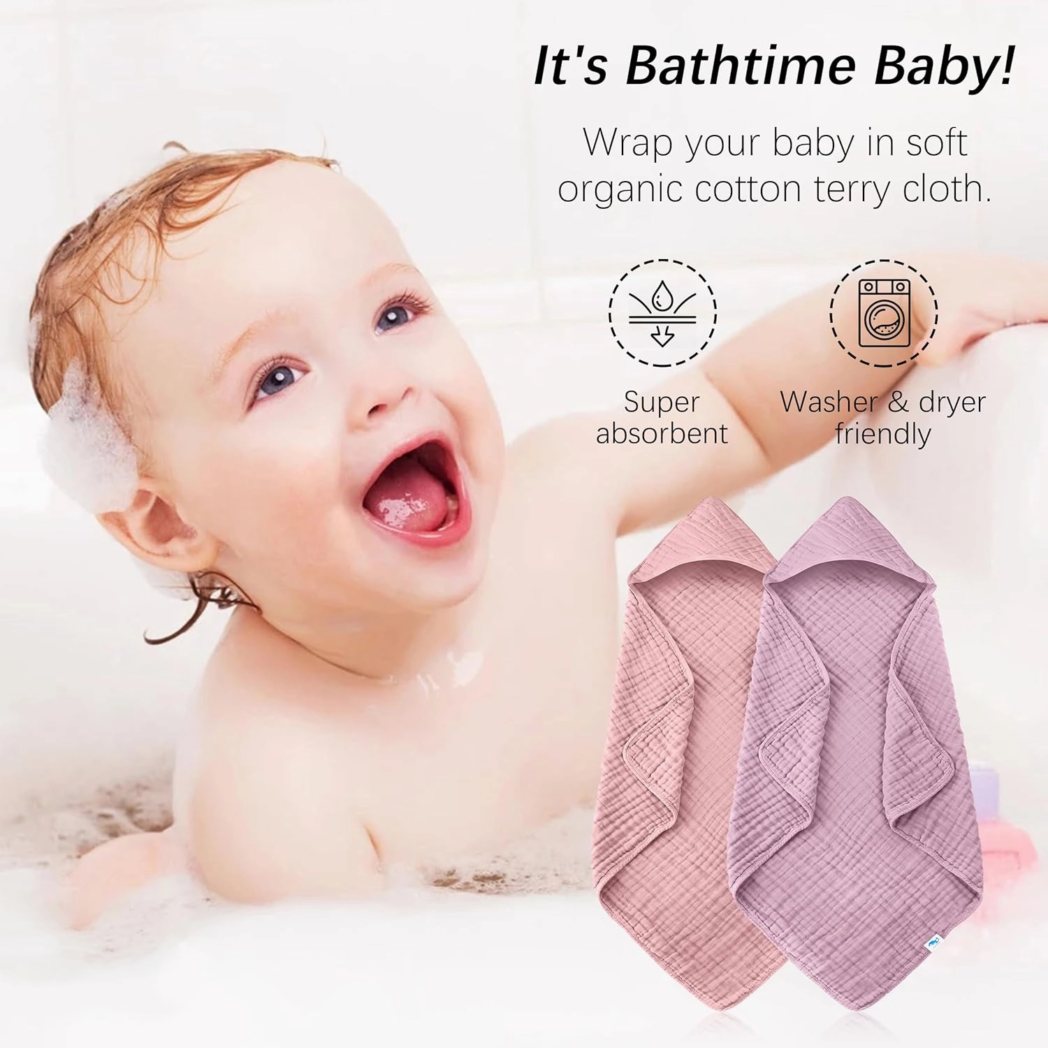 SWEET DOLPHIN Muslin Hooded Baby Bath Towels - 2 Pack 100% Cotton Towel for Babies, Infants, Toddlers - 32x32Inch - Highly Absorbent and Newborn Essential, Light Sakura