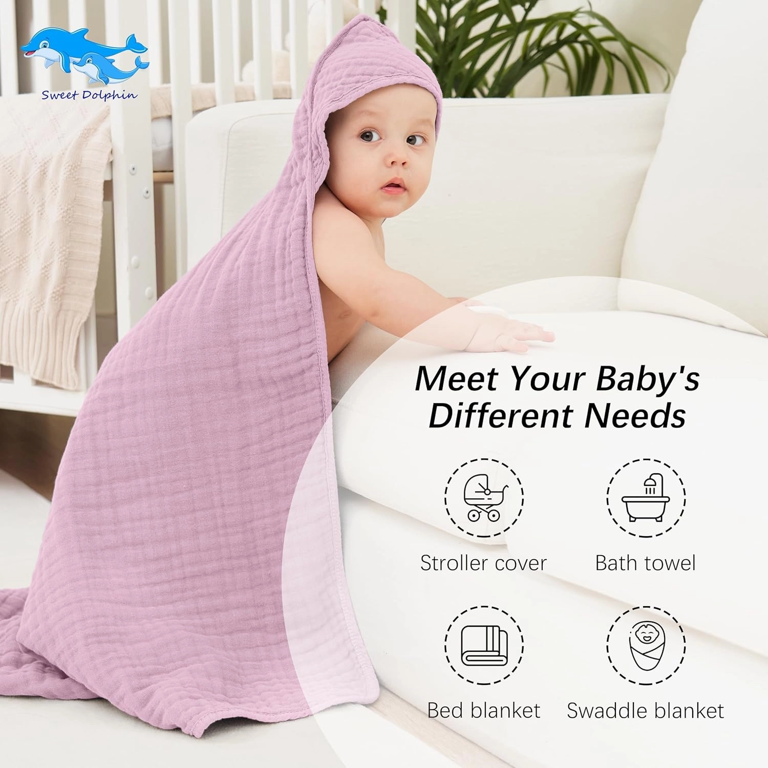 SWEET DOLPHIN Muslin Hooded Baby Bath Towels - 2 Pack 100% Cotton Towel for Babies, Infants, Toddlers - 32x32Inch - Highly Absorbent and Newborn Essential, Light Sakura