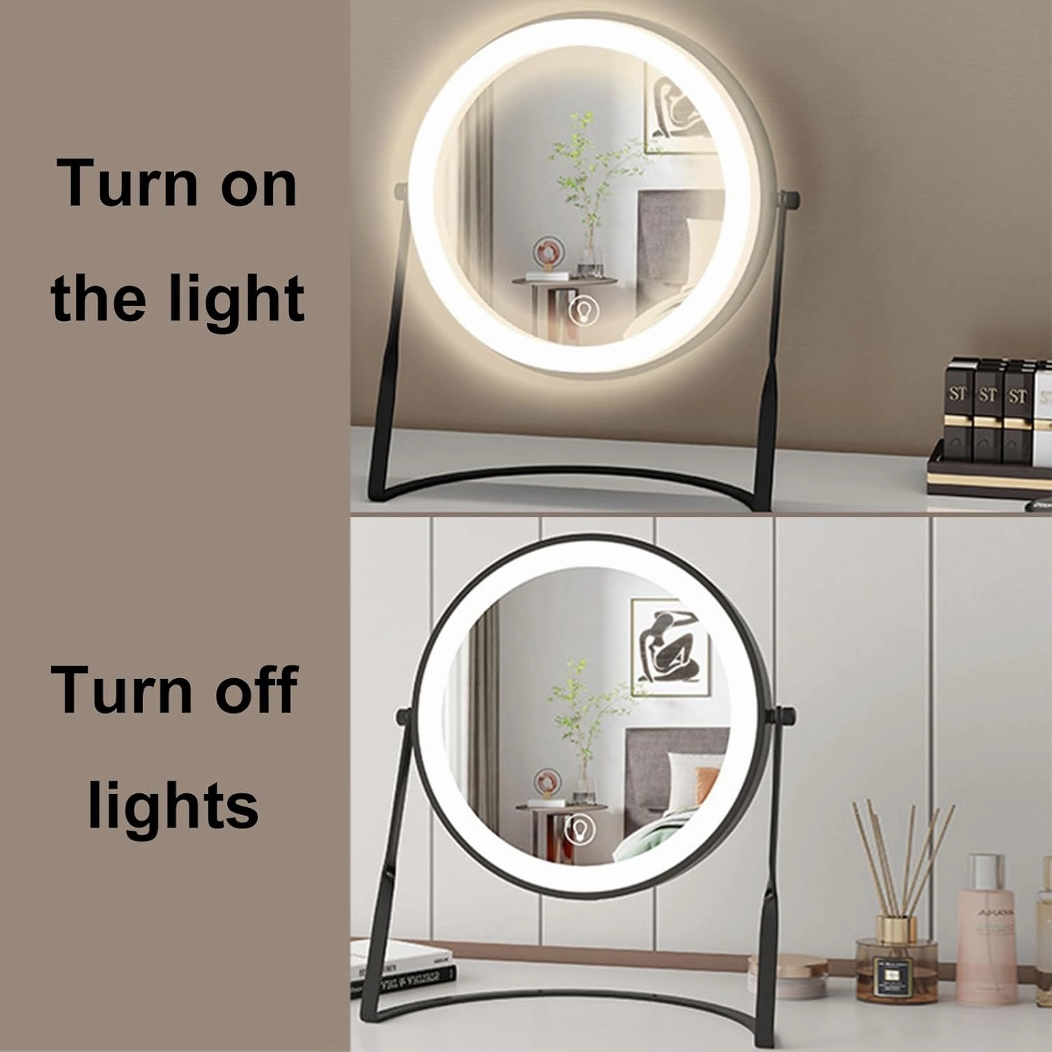 Tabletop 8 Inch 3-Color Touch Dimming LED Makeup Vanity Mirror, Double Side Rotation Magnification Cosmetic Mirror, Countertop Rechargeable HD Standing Shaving Mirror,White,10X