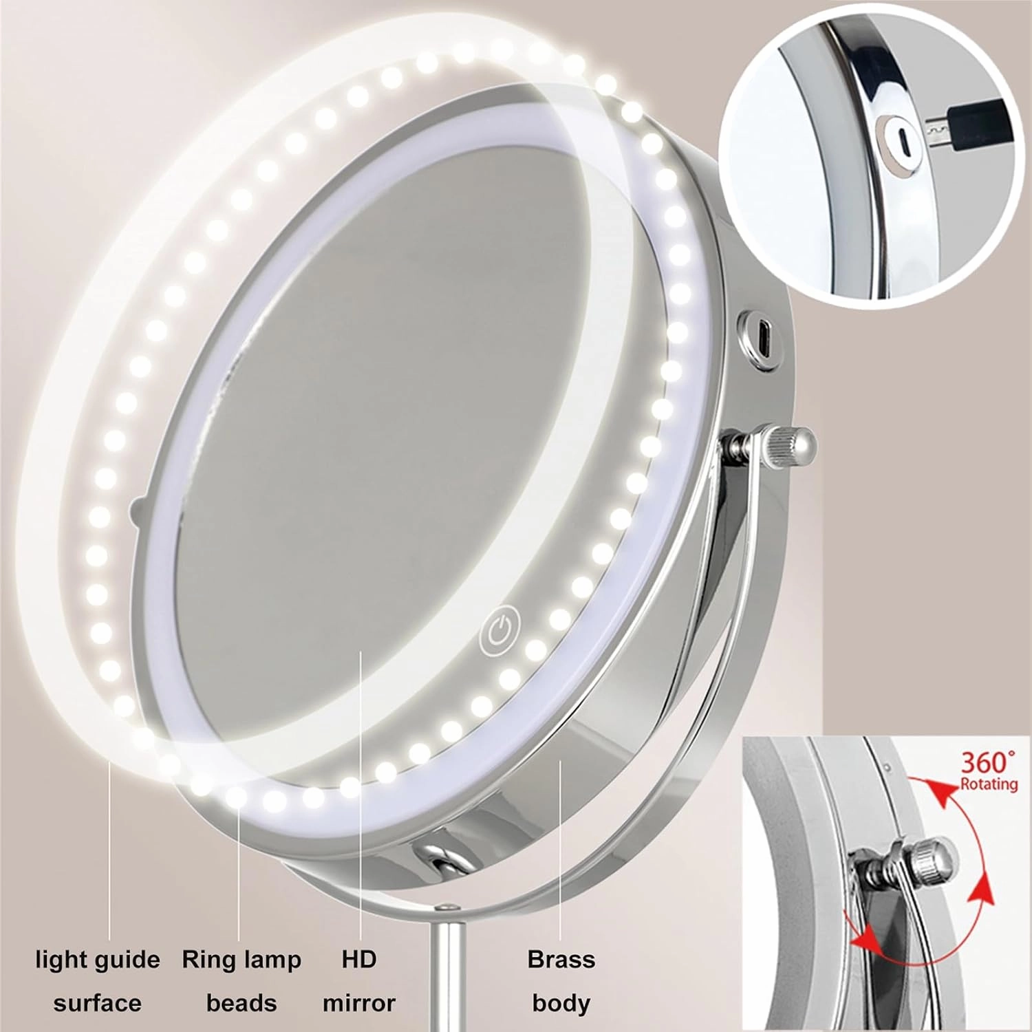 Tabletop 8 Inch 3-Color Touch Dimming LED Makeup Vanity Mirror, Double Side Rotation Magnification Cosmetic Mirror, Countertop Rechargeable HD Standing Shaving Mirror,White,10X