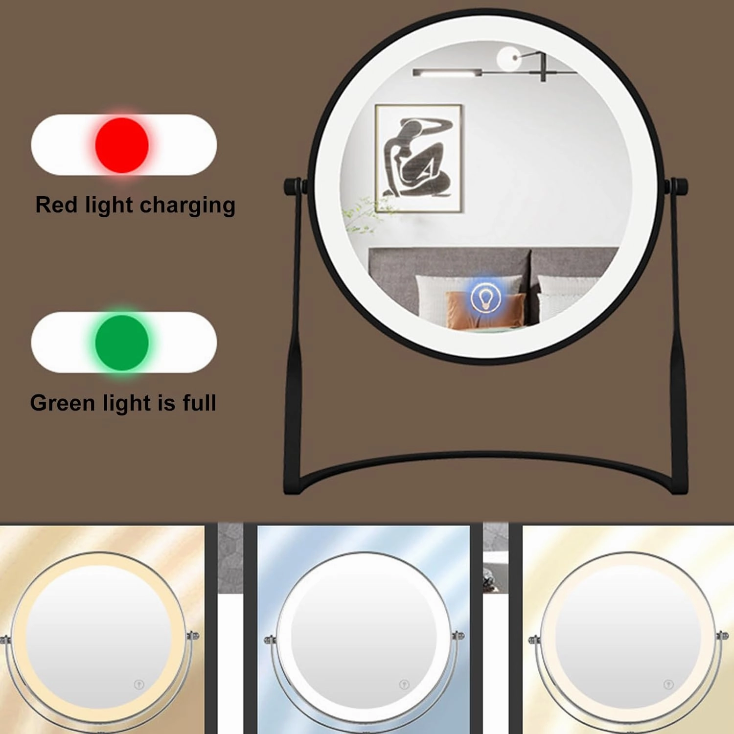 Tabletop 8 Inch 3-Color Touch Dimming LED Makeup Vanity Mirror, Double Side Rotation Magnification Cosmetic Mirror, Countertop Rechargeable HD Standing Shaving Mirror,White,10X