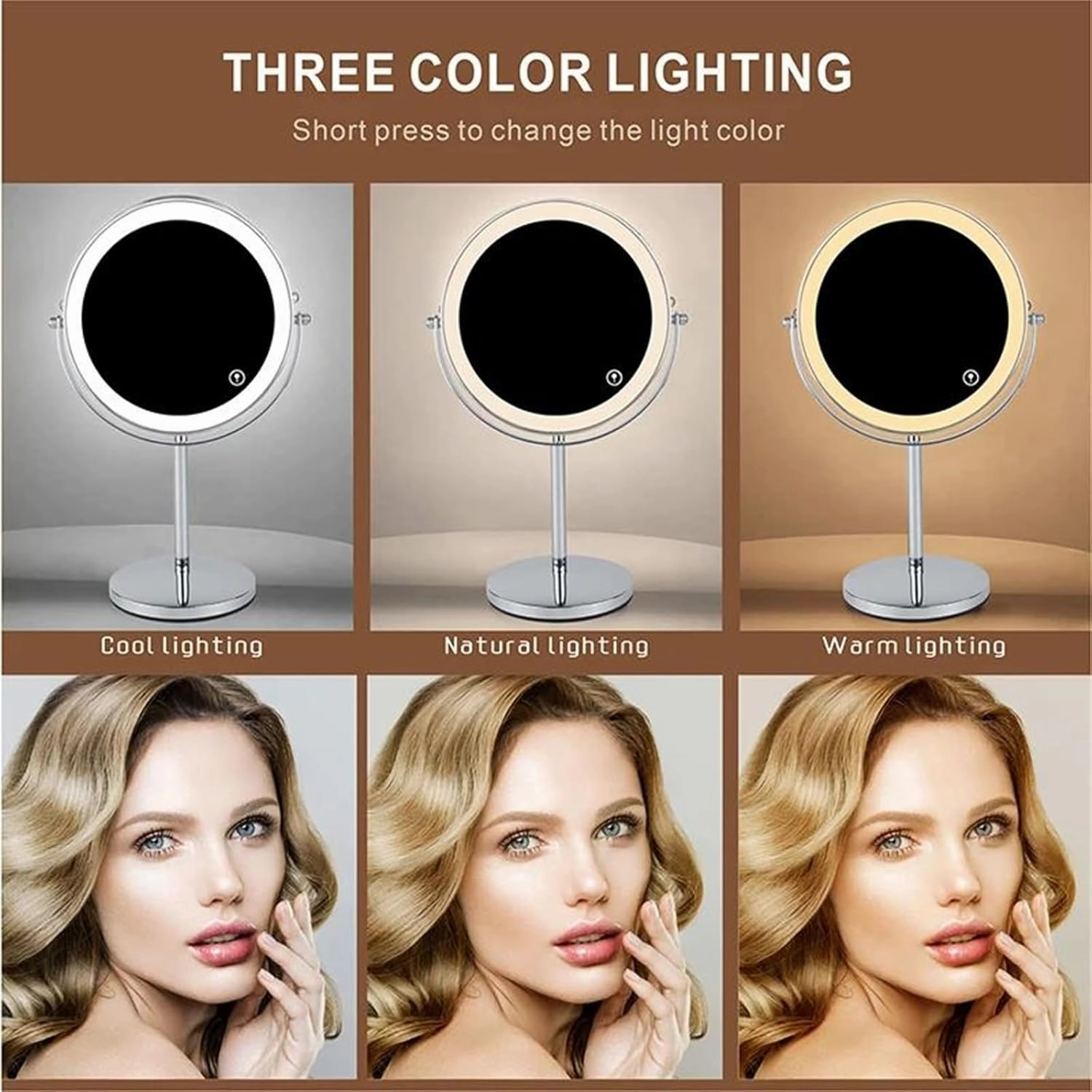 Tabletop Standing 8.5 Inch Double Side Magnification Makeup Vanity Mirror, Rechargeable 3-Color Stepless Dimming LED Lighted Cosmetic Mirror, Countertop Rotation HD Shaving Mirror ,Silver,3X 5X