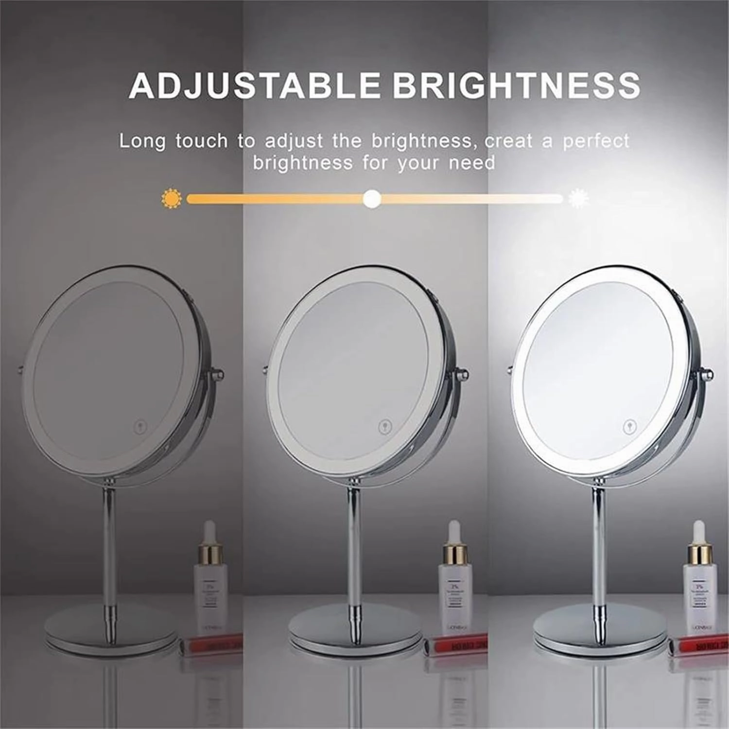 Tabletop Standing 8.5 Inch Double Side Magnification Makeup Vanity Mirror, Rechargeable 3-Color Stepless Dimming LED Lighted Cosmetic Mirror, Countertop Rotation HD Shaving Mirror ,Silver,3X 5X