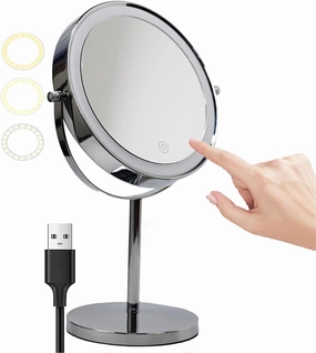 Tabletop Standing 8.5 Inch Double Side Magnification Makeup Vanity Mirror, Rechargeable 3-Color Stepless Dimming LED Lighted Cosmetic Mirror, Countertop Rotation HD Shaving Mirror ,Silver,3X 5X