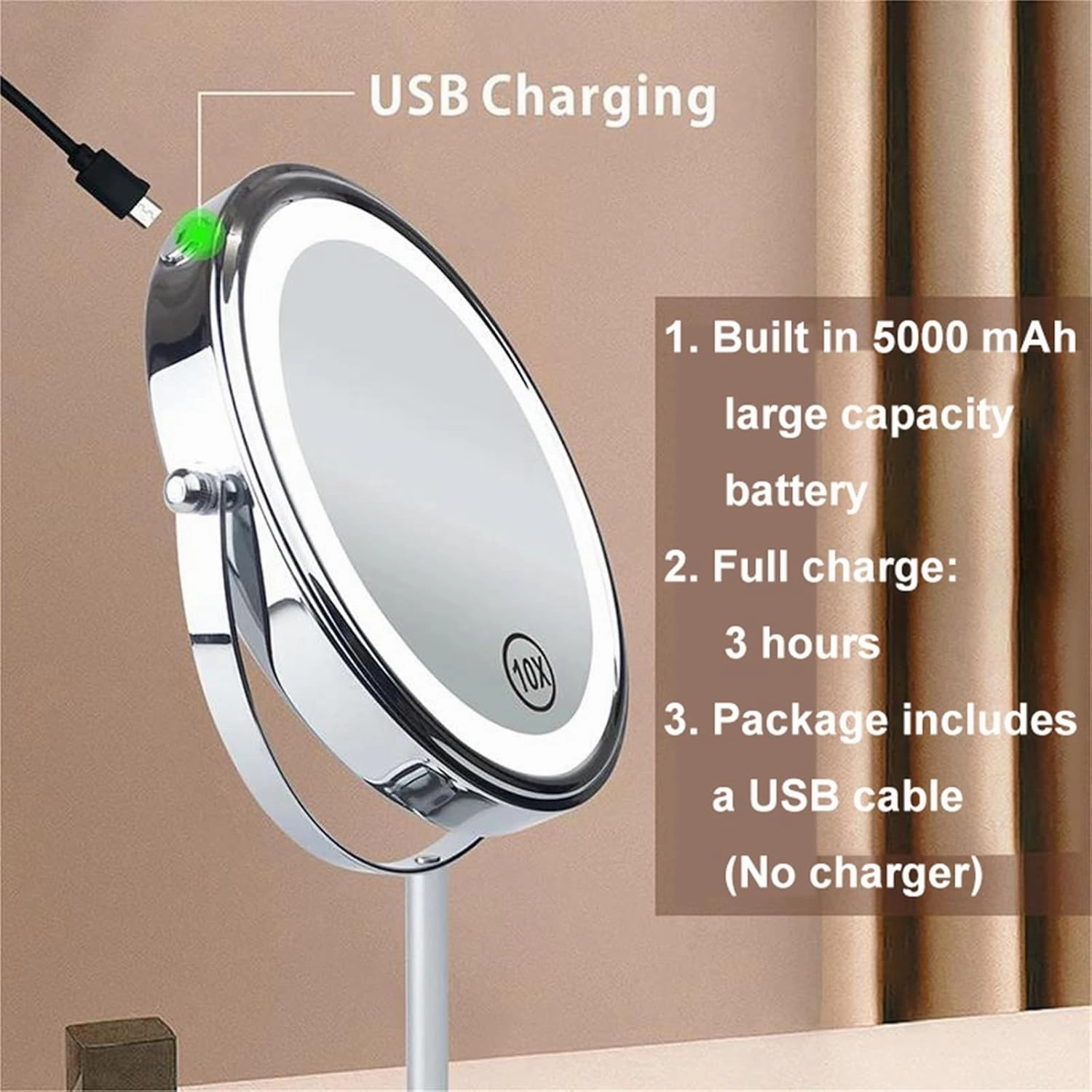 Tabletop Standing 8.5 Inch Double Side Magnification Makeup Vanity Mirror, Rechargeable 3-Color Stepless Dimming LED Lighted Cosmetic Mirror, Countertop Rotation HD Shaving Mirror ,Silver,3X 5X