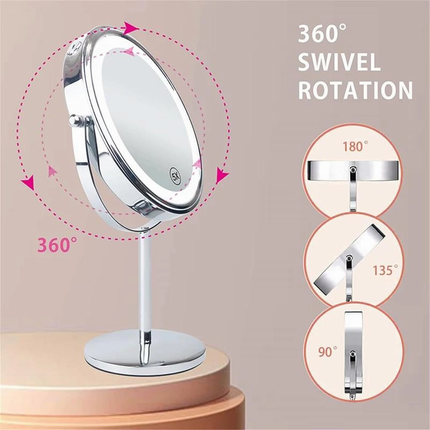 Tabletop Standing 8.5 Inch Double Side Magnification Makeup Vanity Mirror, Rechargeable 3-Color Stepless Dimming LED Lighted Cosmetic Mirror, Countertop Rotation HD Shaving Mirror ,Silver,3X 5X