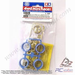 Tamiya #95098 - Mini 4WD 35th Anniversary Blue Tires & Gold Plated A-Spoke Wheels [95098]
