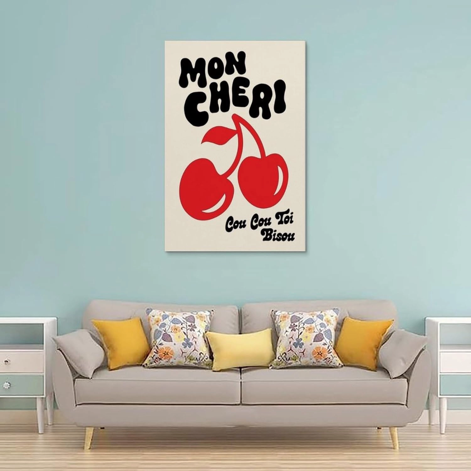 TAMKERR Mon Cheri Cherry Poster Print Cou Cou Toi French Colorful Wall Art Canvas Posters Painting Wall Art Home Decor Unframe08x12inch(20x30cm)