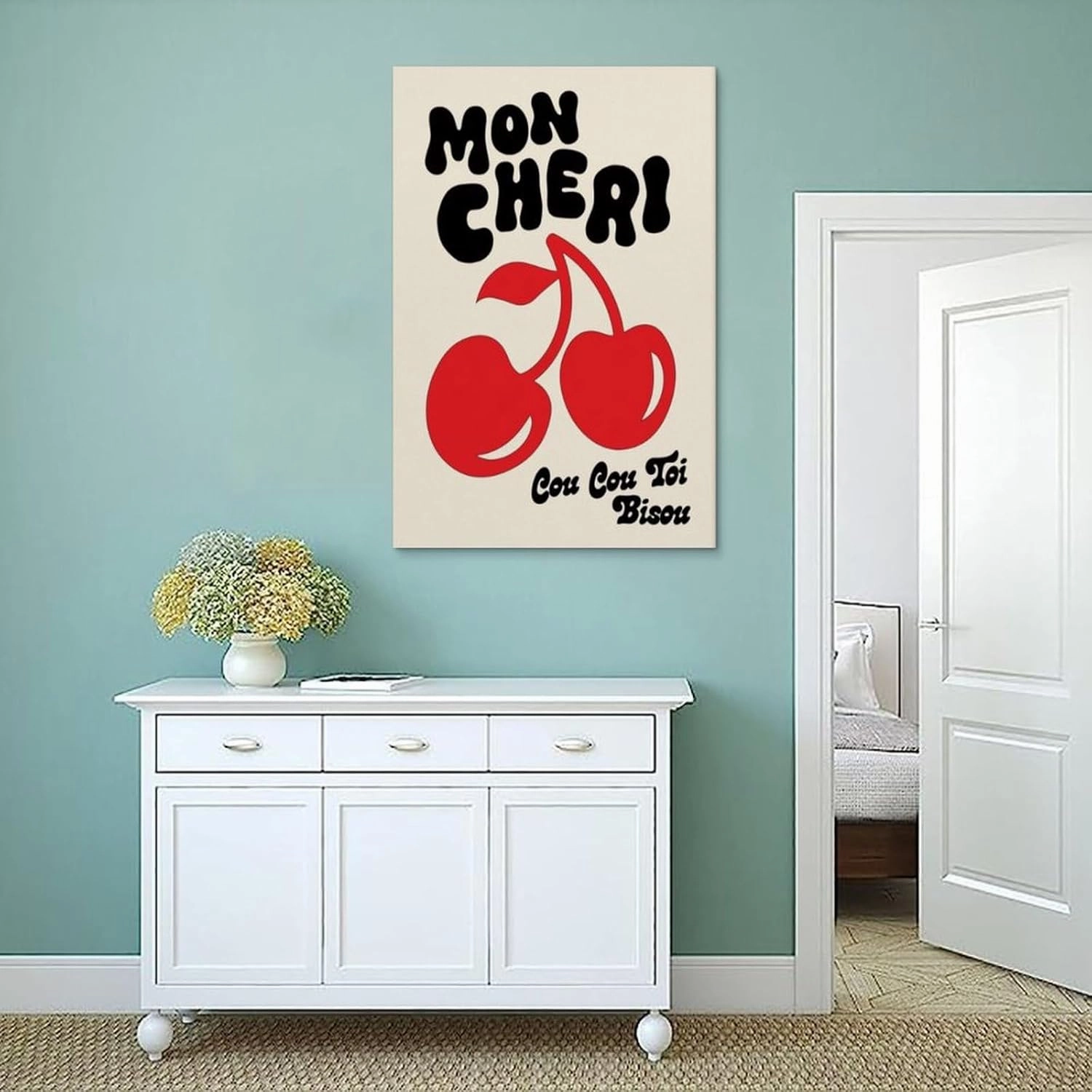 TAMKERR Mon Cheri Cherry Poster Print Cou Cou Toi French Colorful Wall Art Canvas Posters Painting Wall Art Home Decor Unframe08x12inch(20x30cm)