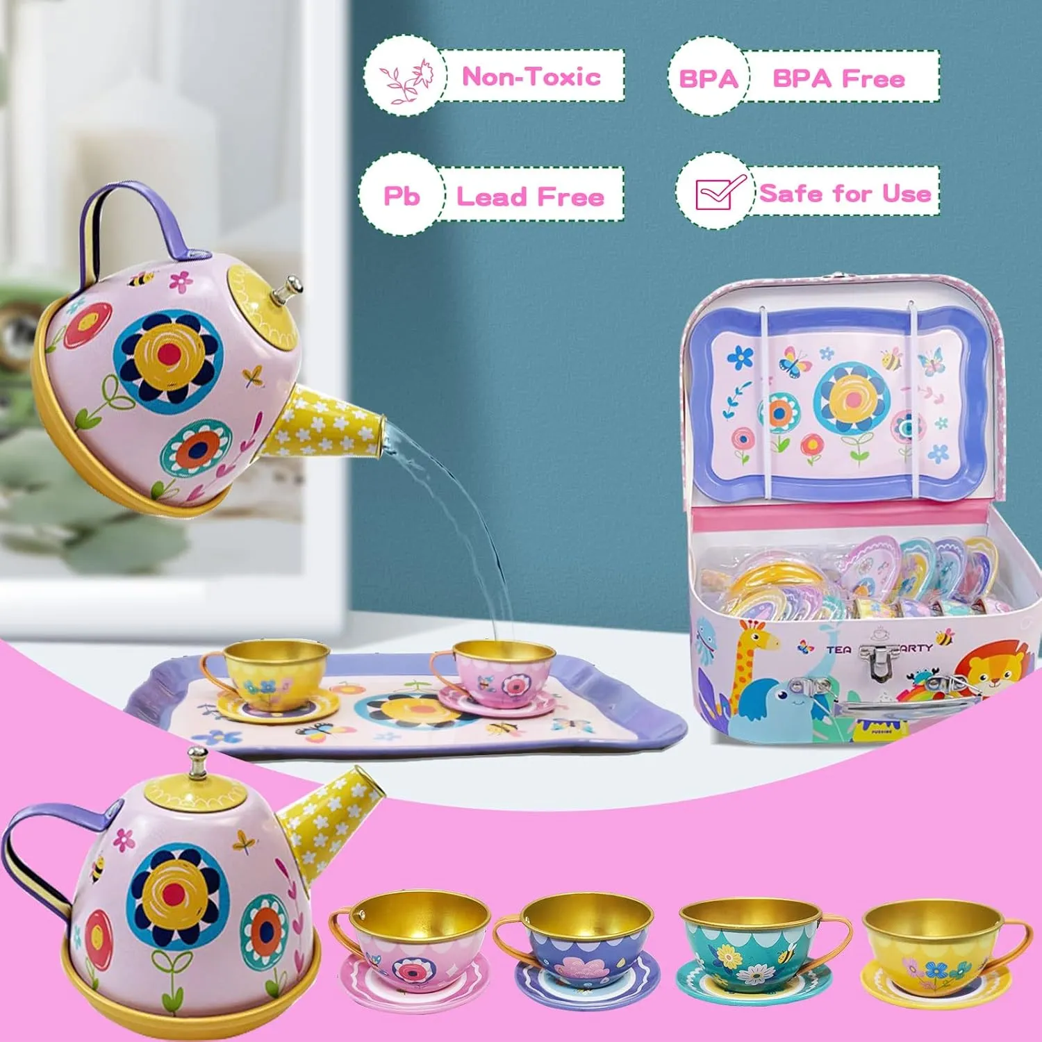 Tea Party Set for Little Girls, Pretend Dessert Food Set for Kids Age 3 4 5 6 7 8 9, Kids Kitchen Pretend Play Dessert Set for Girls Princess Boys