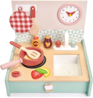 Tender Leaf Toys - Mini Chef Kitchenette - Foldable Portable Wooden Kitchen with Accessories for Pretend Cooking – Develops Social, Creative and Imaginative Skills - Learning Role Play - Age 3 