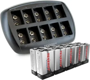 Tenergy 9V Batteries 600mAh 10PCS Li-ion 9 Volt Rechargeable Batteries with 10-Slot Li-ion 9V Battery Charger for Smoke Alarm/Detector