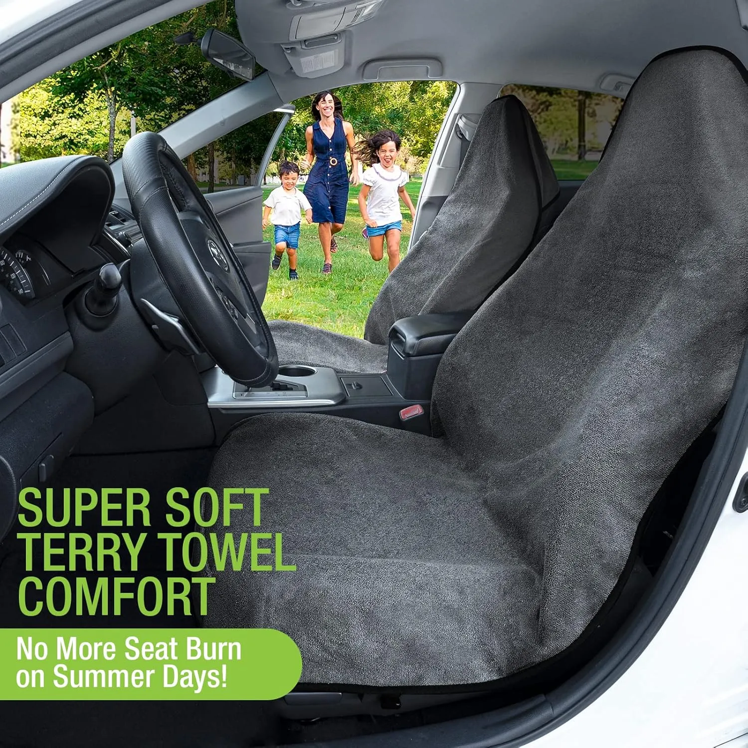 Terry Cloth Sweat Towel Seat Cover; Carseat Towel Protector; Great for Gym Workout; Waterproof; Universal Fit for Car SUV Van Truck; EZ fit; Non Slip Grip; Machine Washable; 2pc Grey