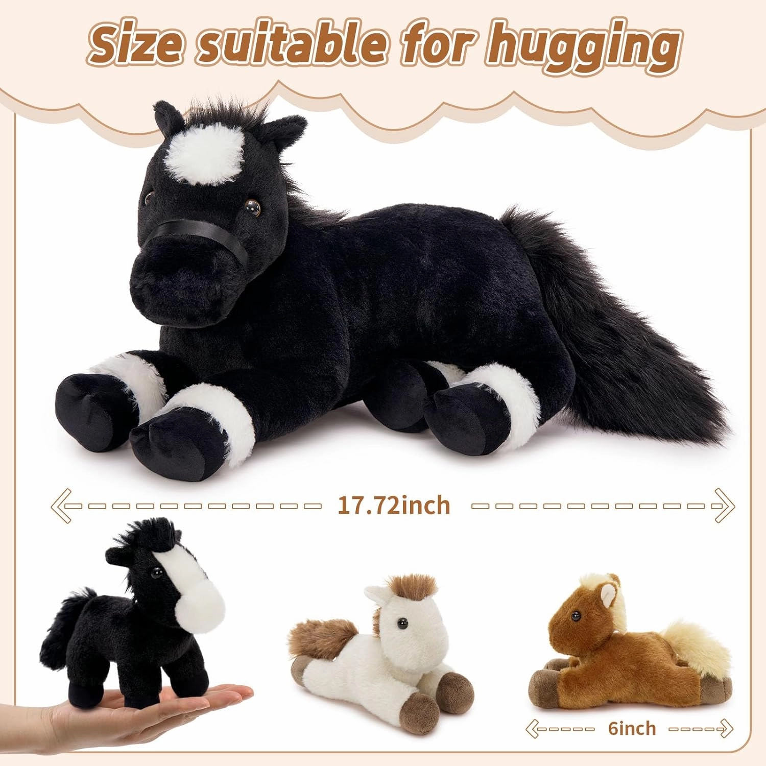 Tezituor 4Pcs Horse Stuffed Animals, 18 inch Large Mommy Stuffed Horse with Babies Pony Plush, Cute Black Pony Plush Pillow for Boys Girls