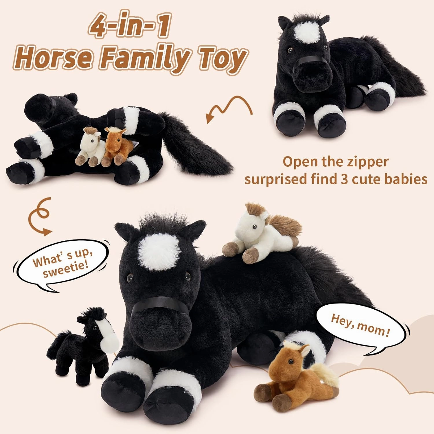 Tezituor 4Pcs Horse Stuffed Animals, 18 inch Large Mommy Stuffed Horse with Babies Pony Plush, Cute Black Pony Plush Pillow for Boys Girls