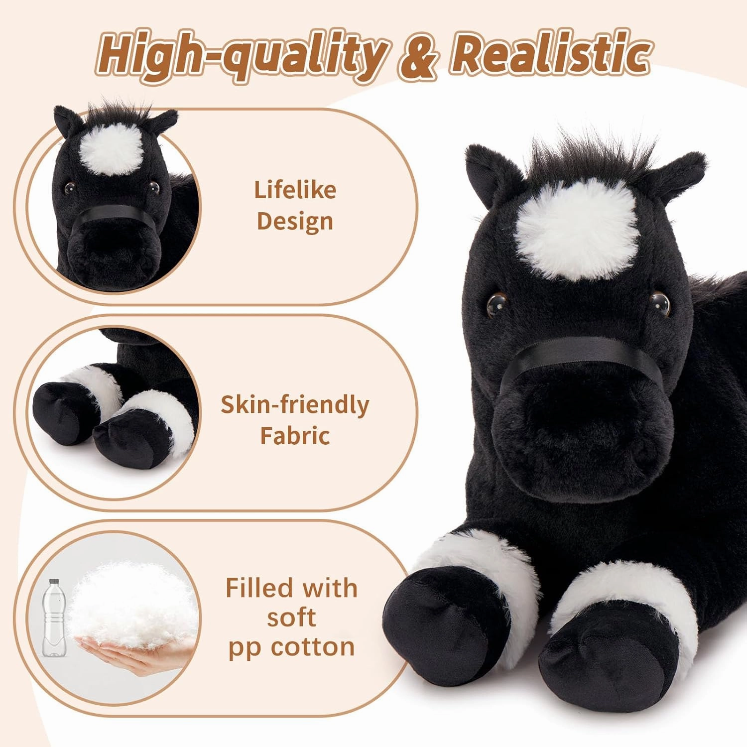 Tezituor 4Pcs Horse Stuffed Animals, 18 inch Large Mommy Stuffed Horse with Babies Pony Plush, Cute Black Pony Plush Pillow for Boys Girls