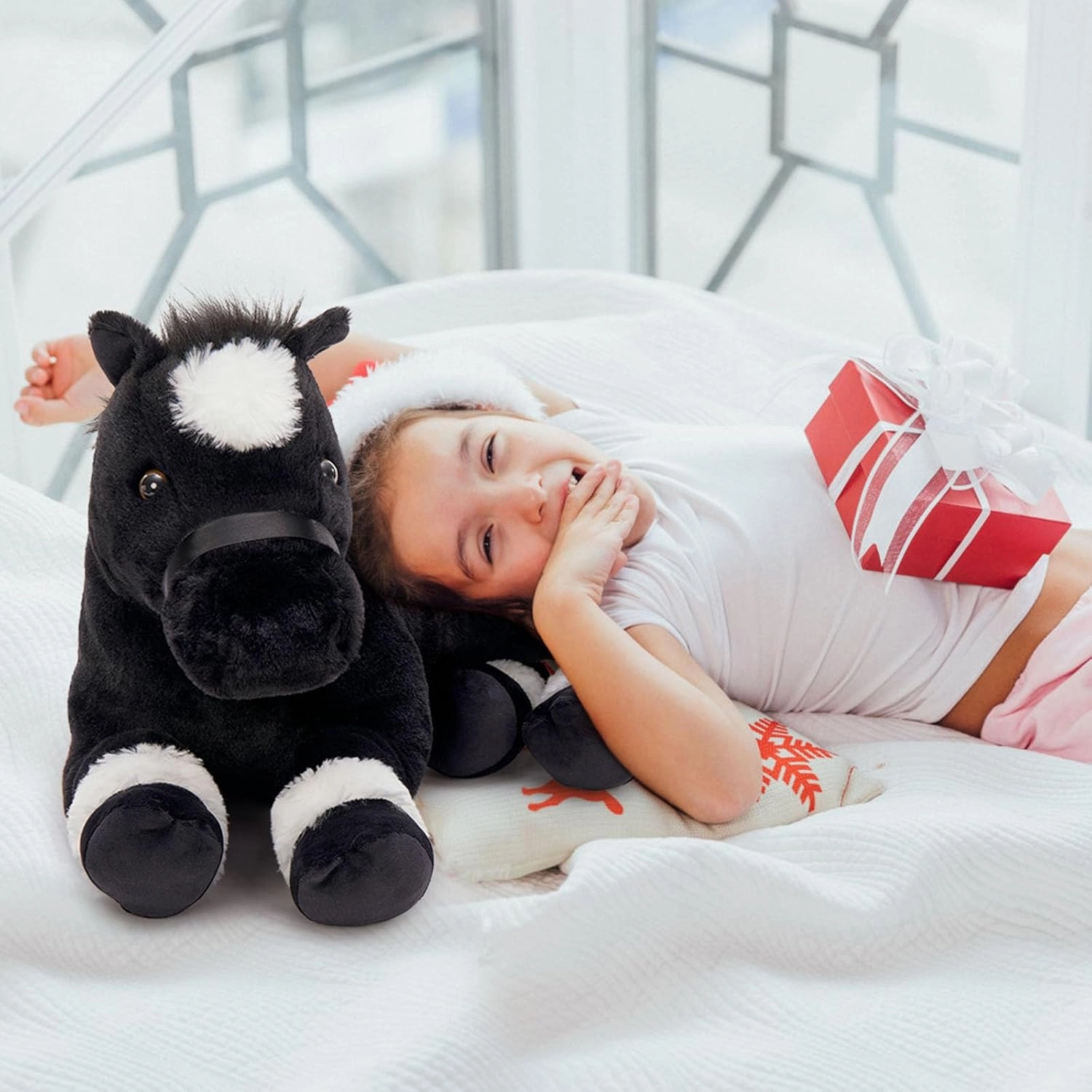 Tezituor 4Pcs Horse Stuffed Animals, 18 inch Large Mommy Stuffed Horse with Babies Pony Plush, Cute Black Pony Plush Pillow for Boys Girls