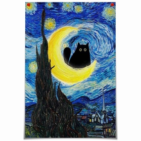 The Starry Night Cat Canvas Wall Art Famous Oil Paintings Black Cat Poster Funny Cat Floral Print Colorful Abstract Farmhouse Gallery Aesthetic Room Wall Decor for Bedroom 16x24in Unframed
