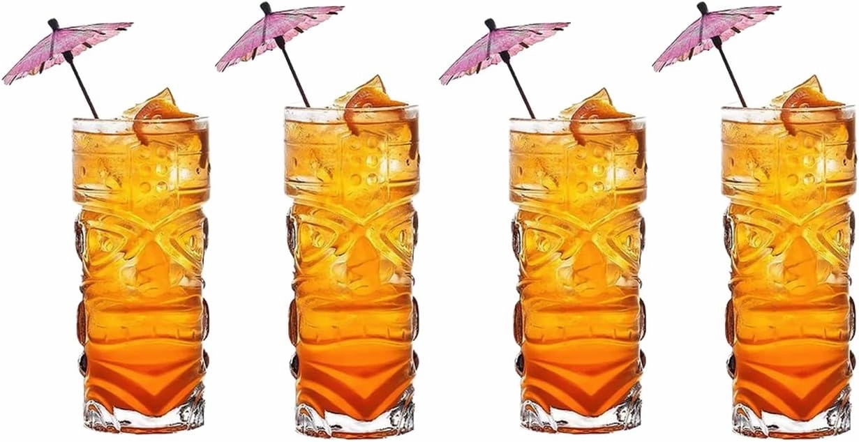 Tiki Glasses 14 oz. Clear Totem Texture, 4 Pieces, Tropical Style Novelty Glasses, Hawaii Bar Style, Modern Bar Party Set With Picks (Totem 14 oz)