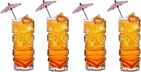 Tiki Glasses 14 oz. Clear Totem Texture, 4 Pieces, Tropical Style Novelty Glasses, Hawaii Bar Style, Modern Bar Party Set With Picks (Totem 14 oz)