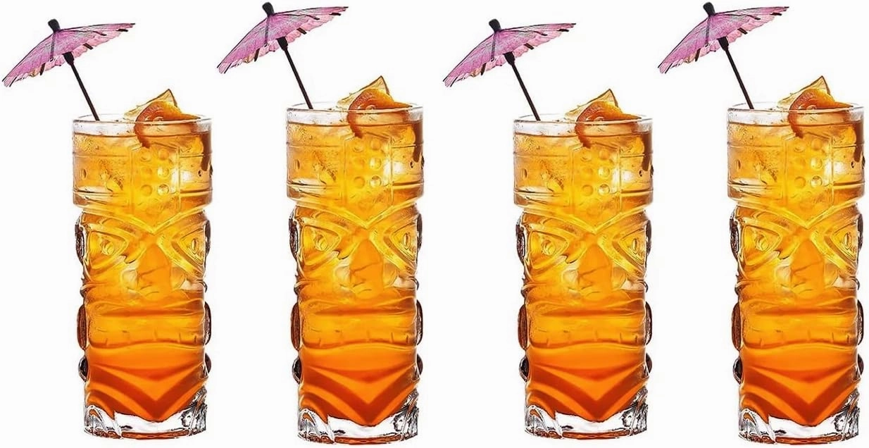 Tiki Glasses 14 oz. Clear Totem Texture, 4 Pieces, Tropical Style Novelty Glasses, Hawaii Bar Style, Modern Bar Party Set With Picks (Totem 14 oz)