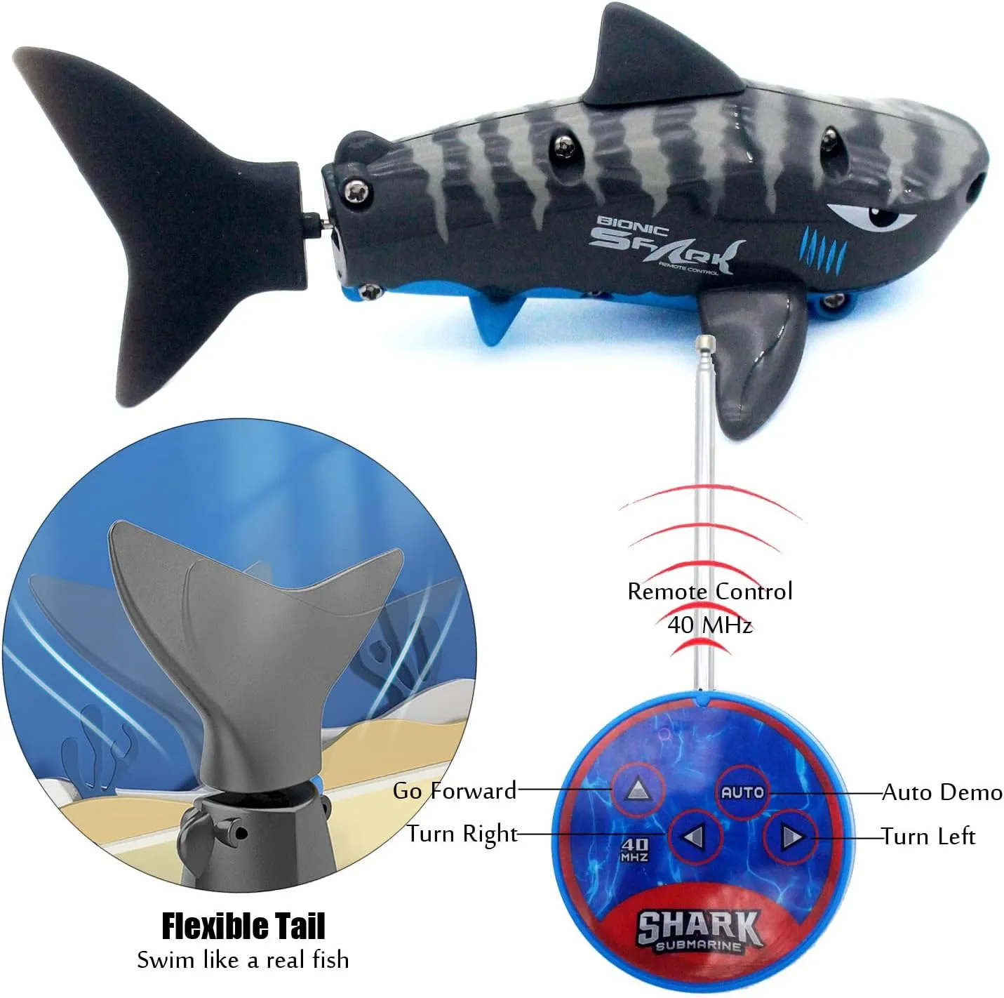 Tipmant Cute RC Shark Mini Radio Remote Control Fish Boat Submarine Electric Realistic Animal Toy for Swimming Pool Water Tank Kids Birthday Gifts (Grey)
