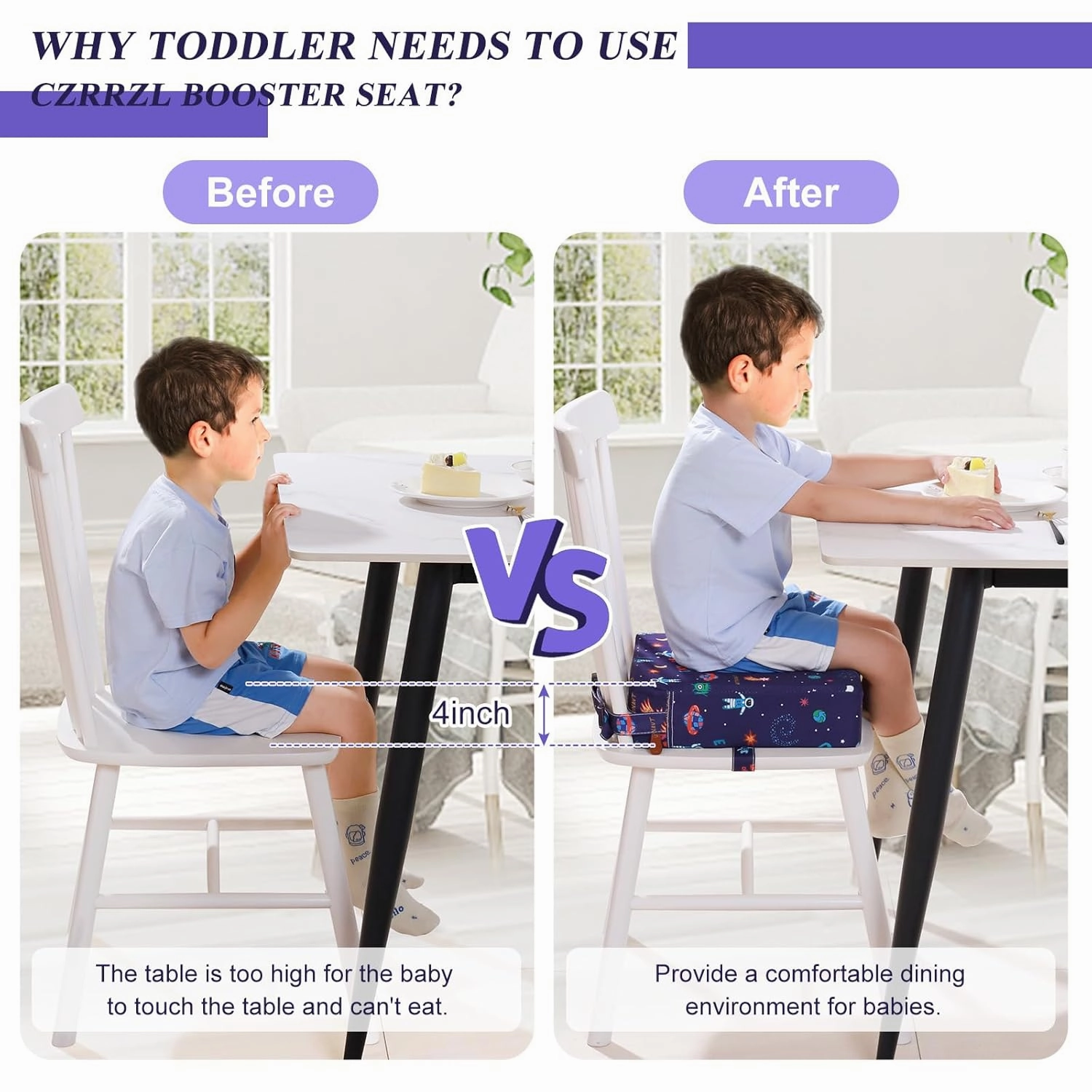 Toddler Booster Seat for Dining Table Kitchen Chair, Stronger Support Washable 2 Safer Straps Non-Slip Bottom Portable Booster Seat for Kids Baby Increasing Cushion for Travel Home