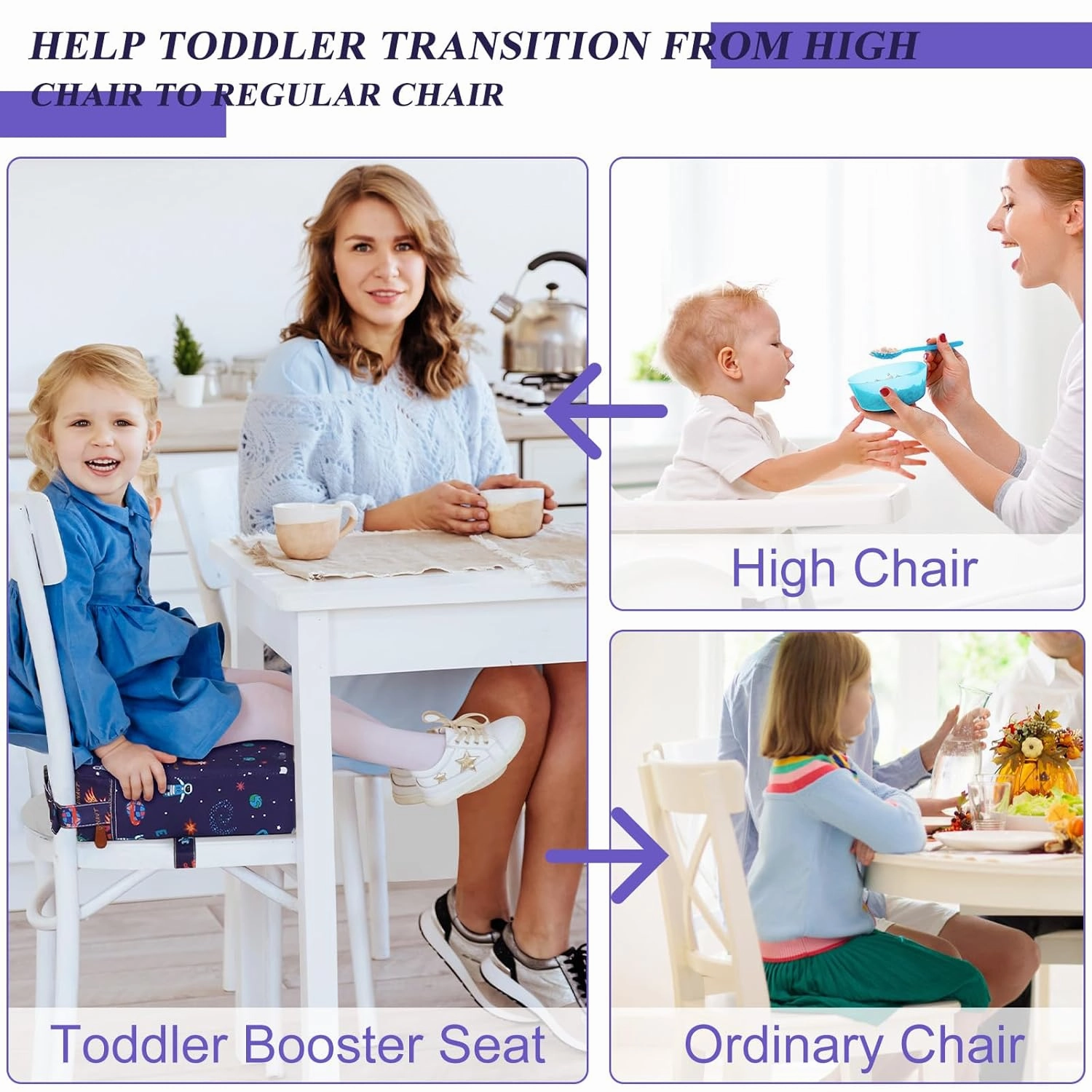Toddler Booster Seat for Dining Table Kitchen Chair, Stronger Support Washable 2 Safer Straps Non-Slip Bottom Portable Booster Seat for Kids Baby Increasing Cushion for Travel Home