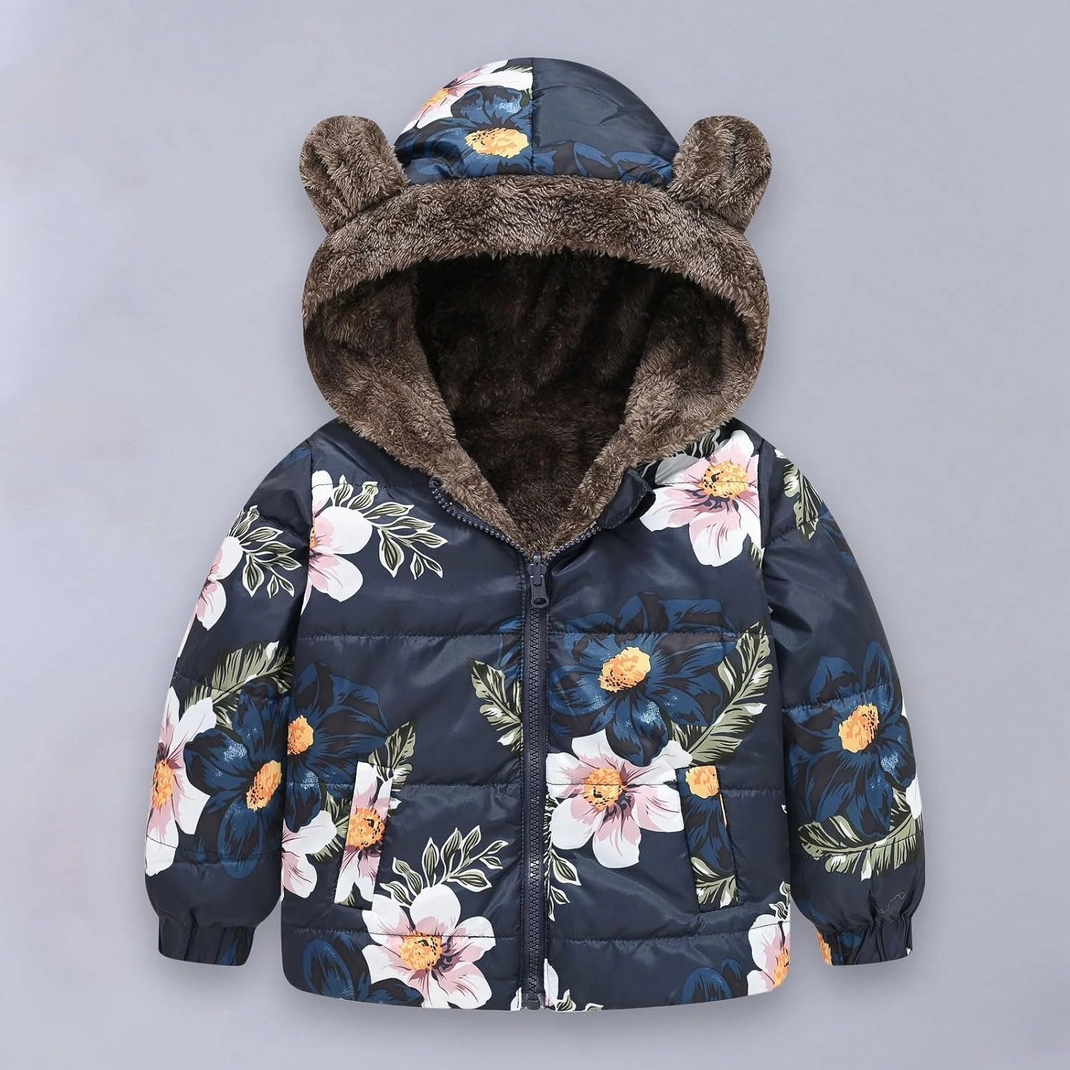 Toddler Winter Coat Boys Girls Bear Ears Hooded Puffer Jacket Fleece Lined Padded Down Coat Baby Quilted Bubble Coat
