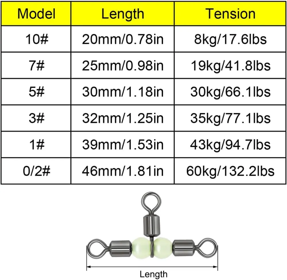 TopHomer T-Shape Three 3 Way Fishing Swivel Barrel Triple Swivel Cross Line Fishing Tackle Line Connectors Tangle Free Tackle Equipment Size 17-132 lbs with Luminous Beads Pack of 50