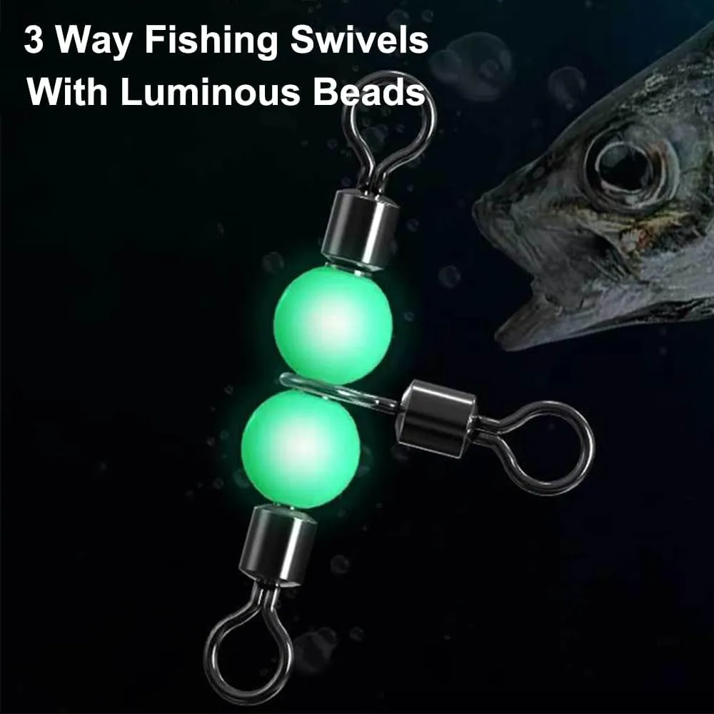 TopHomer T-Shape Three 3 Way Fishing Swivel Barrel Triple Swivel Cross Line Fishing Tackle Line Connectors Tangle Free Tackle Equipment Size 17-132 lbs with Luminous Beads Pack of 50