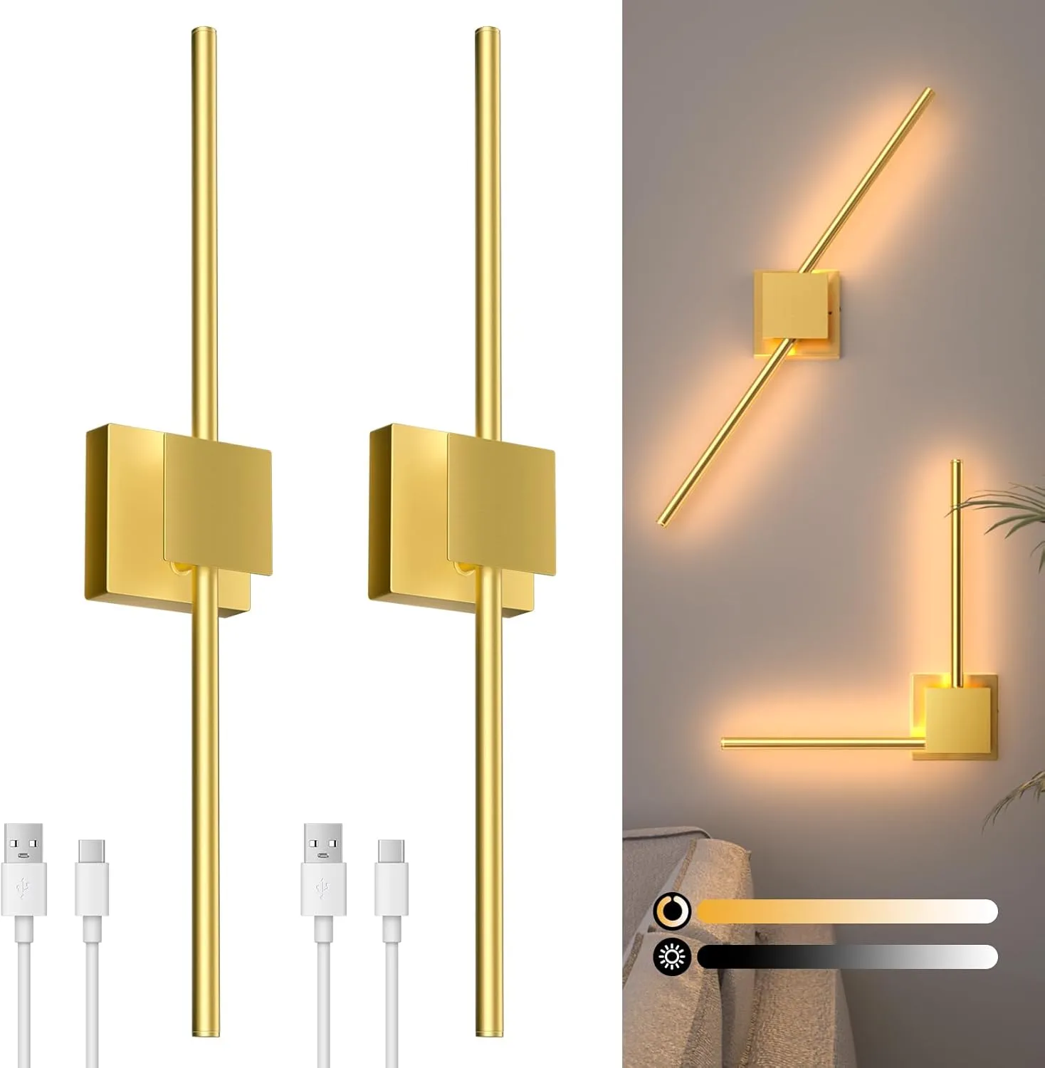 Torchlet Battery Operated Wall Sconce, Dimmable Wall Sconces Set of Two with DIY Independently Rotatable Lamppost, 3000K-6000K LED Wall Lights for Bedroom, Living Room, 28.3 Inch