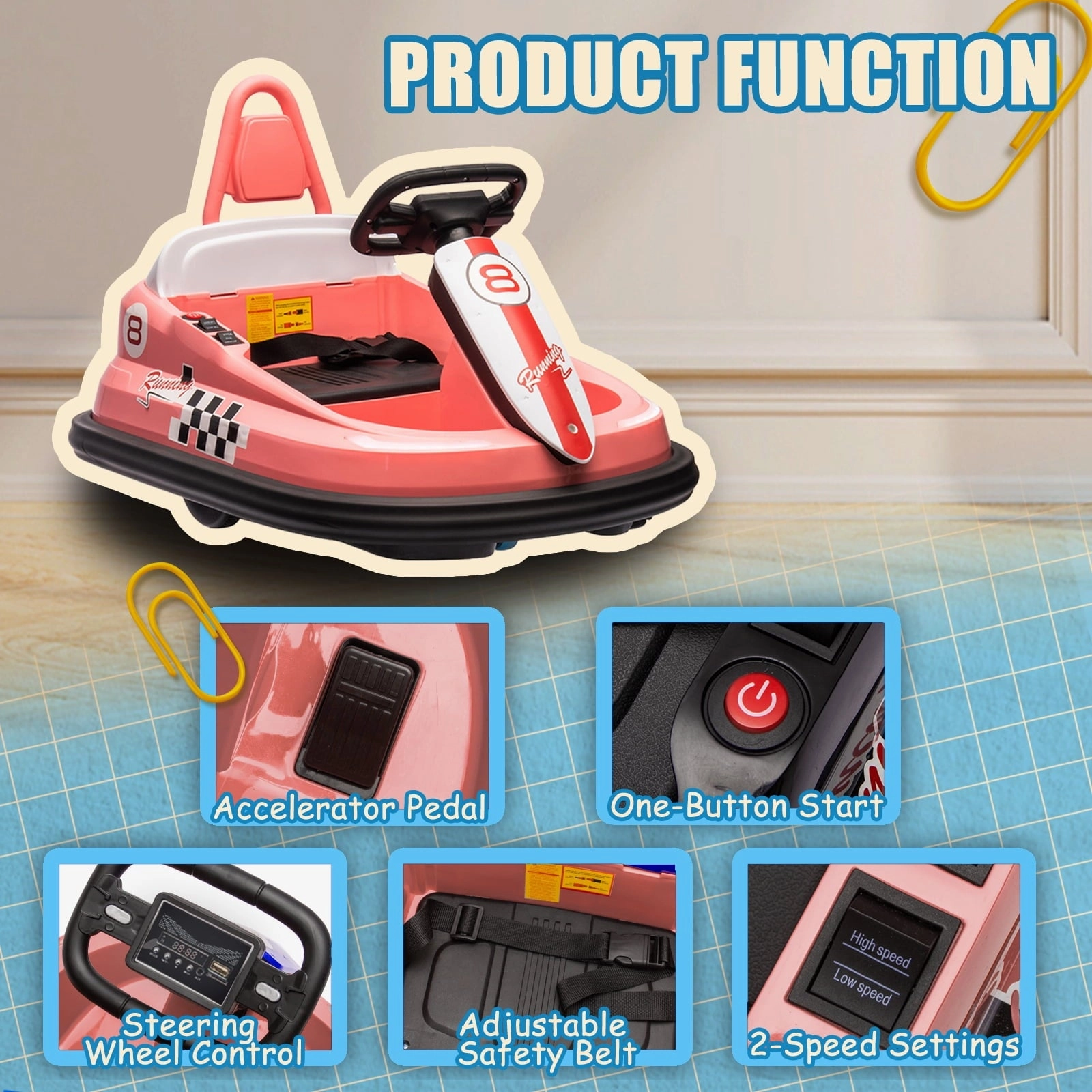 Track 7 6V Kids Ride On Bumper Car, Electric Toddles Ride On Car with Remote Control, 2 Driving Modes for Kids with Three Speed Adjustable, LED Lights, Horn, Bluetooth, Pink