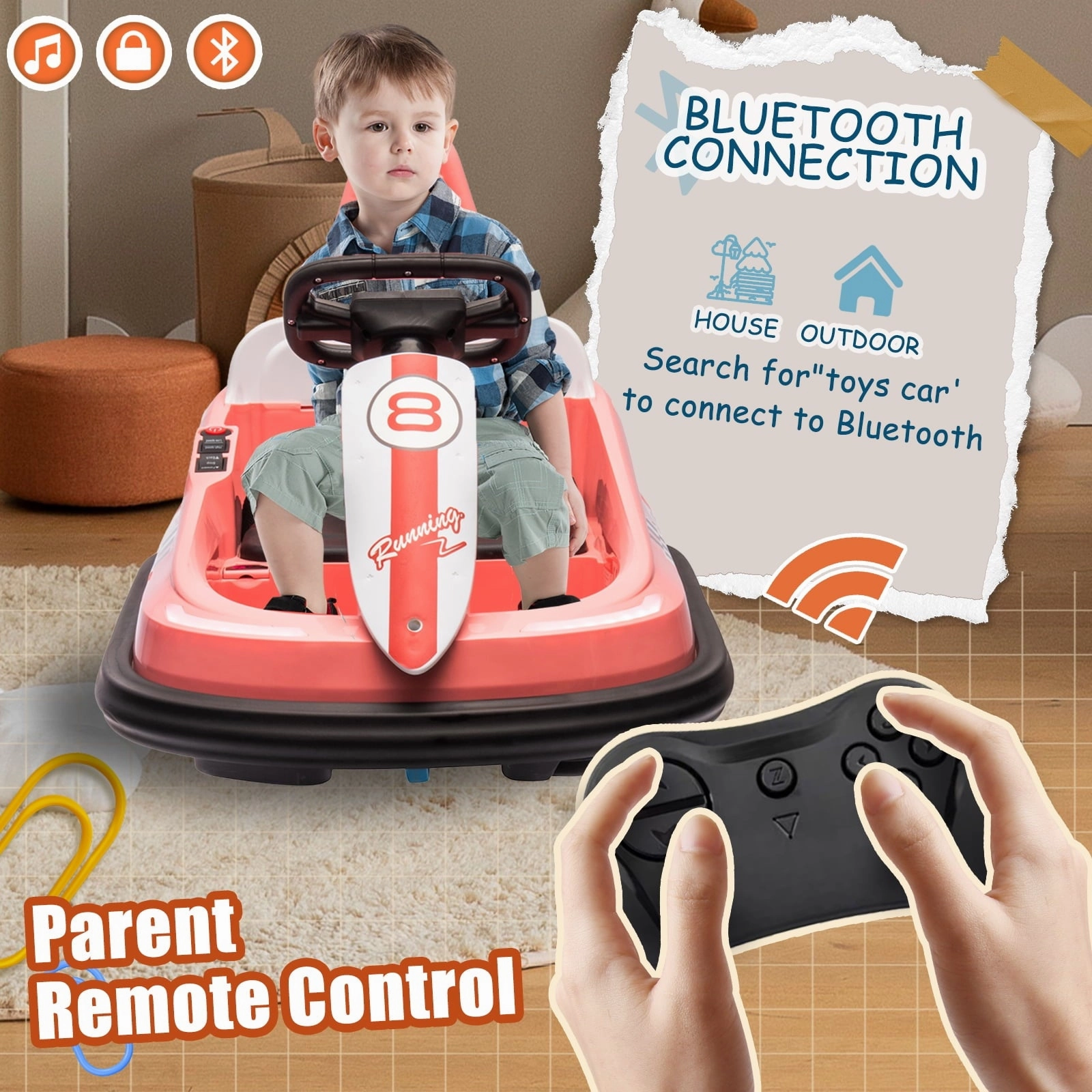 Track 7 6V Kids Ride On Bumper Car, Electric Toddles Ride On Car with Remote Control, 2 Driving Modes for Kids with Three Speed Adjustable, LED Lights, Horn, Bluetooth, Pink