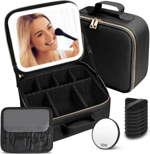 Travel Makeup Bag with LED Mirror,Cosmetic Train Case with Lighted Mirror 3 Color,Makeup Box Organizer Adjustable Brightness, Waterproof Makeup Train Case，Makeup Accessories,Tools Case
