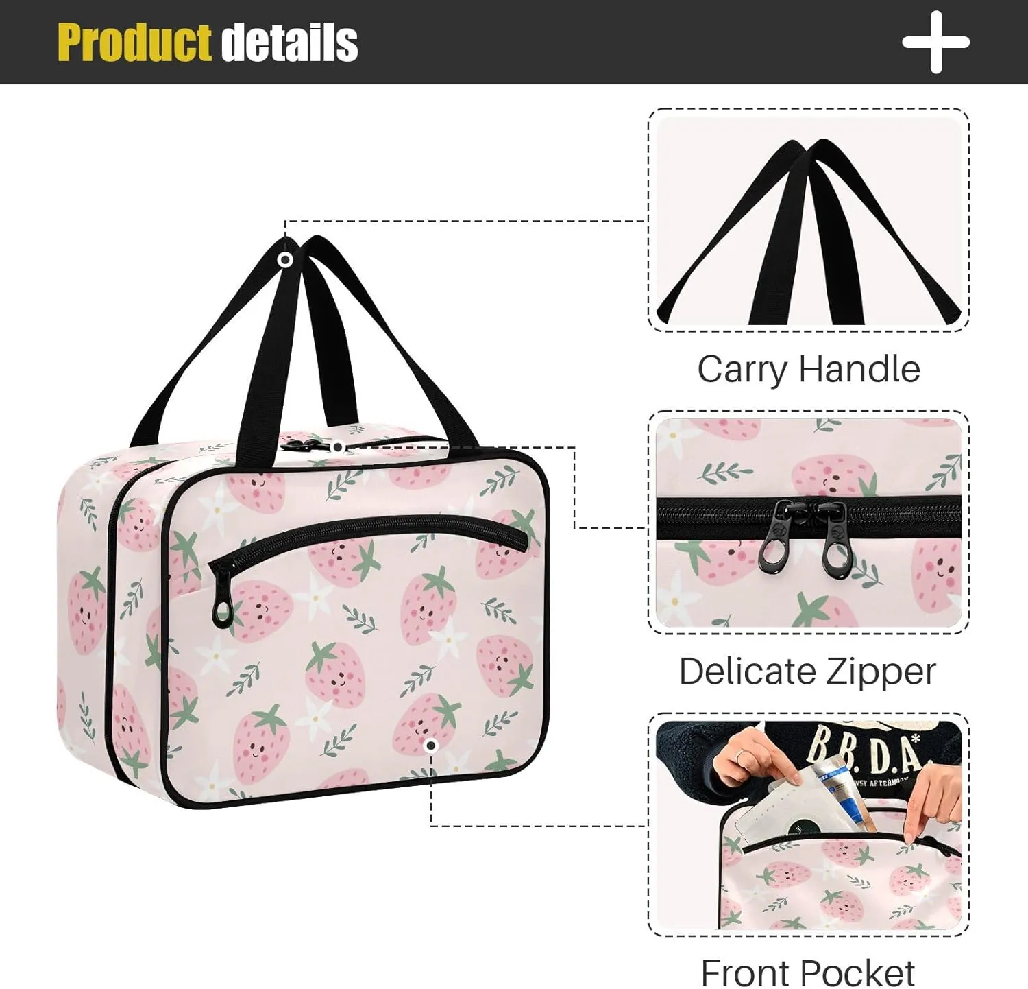 Travel Toiletry Bag for Woman/Men, Cute Smiling Pink Strawberry Hanging Organizer Bag with Pockets Portable Folding Travel Case Bags for Makeup Cosmetic Toiletries Storage Traveling-M
